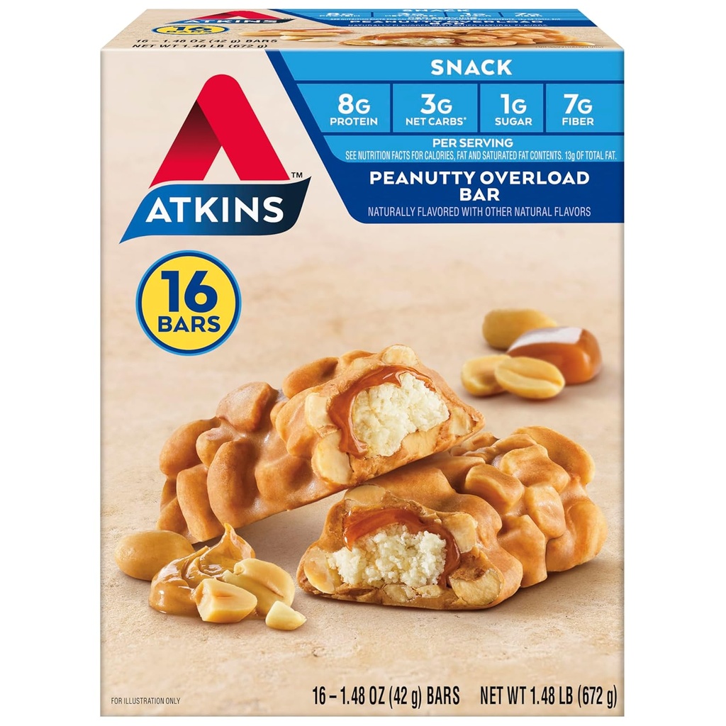 Atkins Snack Bar, Peanutty Overload, 8g Protein, 7g Fiber, 3g Net Carbs, Keto Friendly, 16 Hrabia