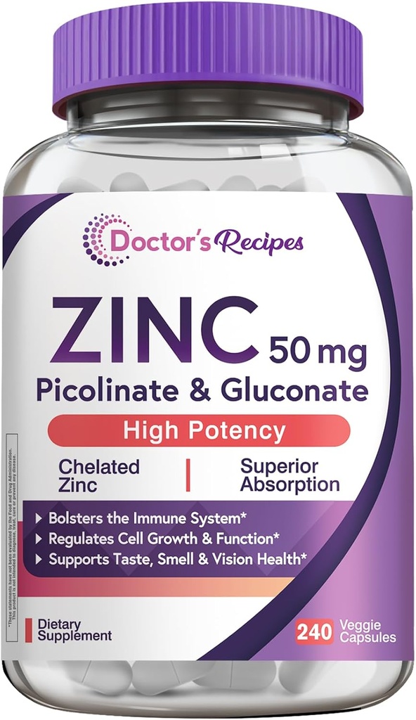 Przepisy lekarza Cynk 50mg, Wysoko wchłaniany Pikolinian cynku i glukonian, Wspiera naturalną obronę immunologiczną, DNA i formowanie białka, Wzrost komórek, Non-GMO, 240 Kapsułki wegetariańskie