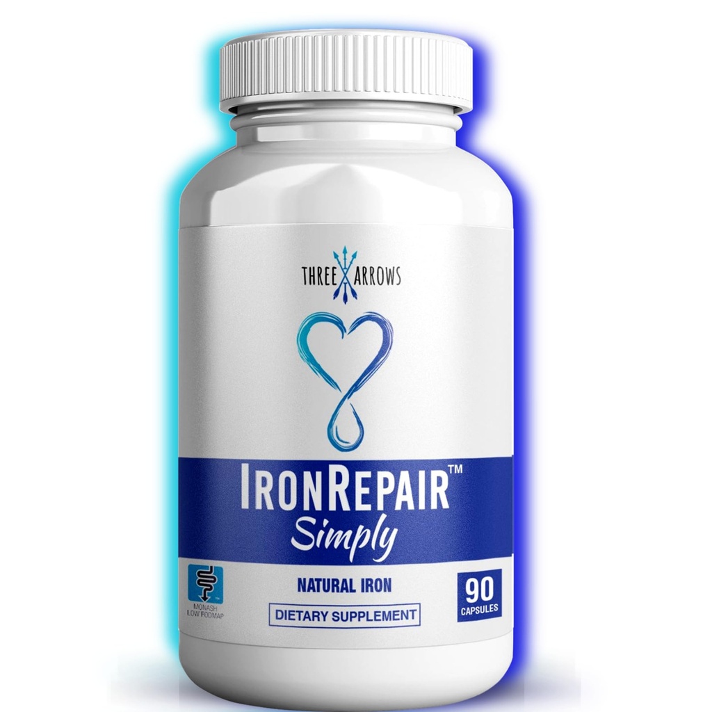 Iron Repair Simply Natural Iron Supplement, Best Absorption & Gentle on Stomach, Monash Low FODMAP, Raise Hemoglobin & Ferritin Iron Pills for Women, Men, Teens, & Pregnancy 90 Bovine Gelatin Capsules