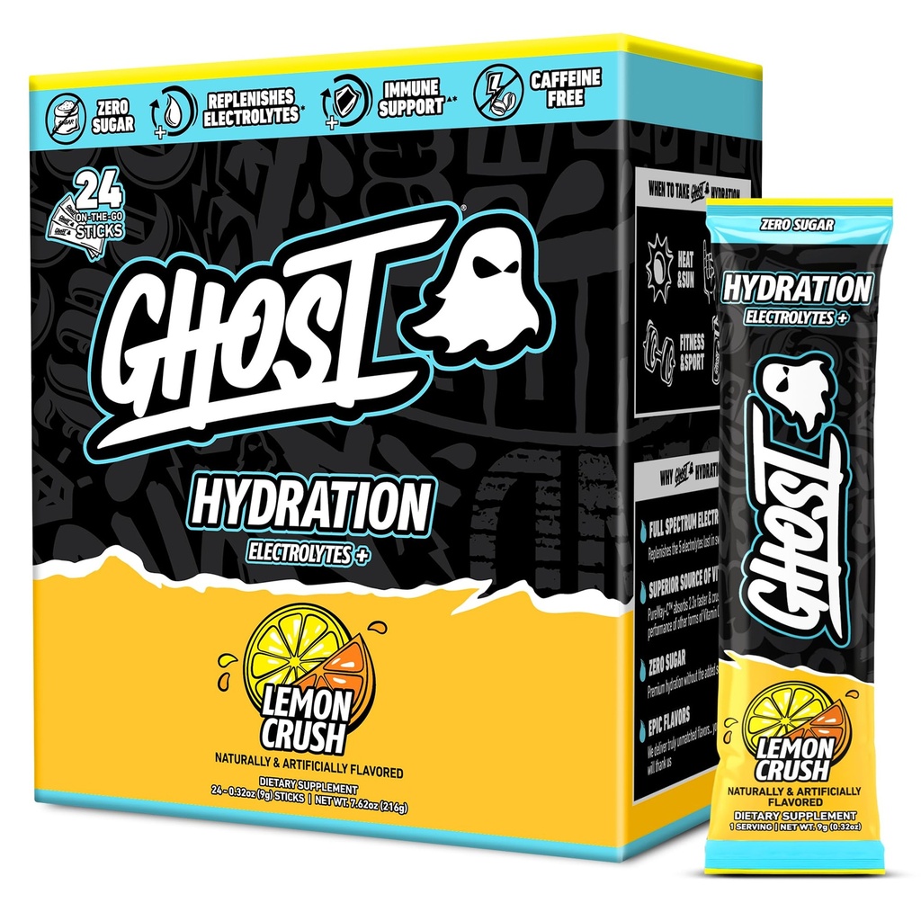 GHOST Pakiety nawilżające, Lemon Crush, 24 Kiszki, Proszek elektrolitowy - Suplement mieszanki napojów z magnezu, potasu, wapnia, witaminy C - Wegan Friendly, wolne od soi, cukru i gluten