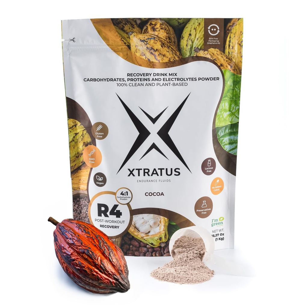 Xtratus Endurance Fluids R4 Cocoa - Sports Recovery Drink mix z węglowodanami, białkami wegańskimi i elektrolitami. Stosunek (carb: protein). Po treningu. Wegan. 35.27oz