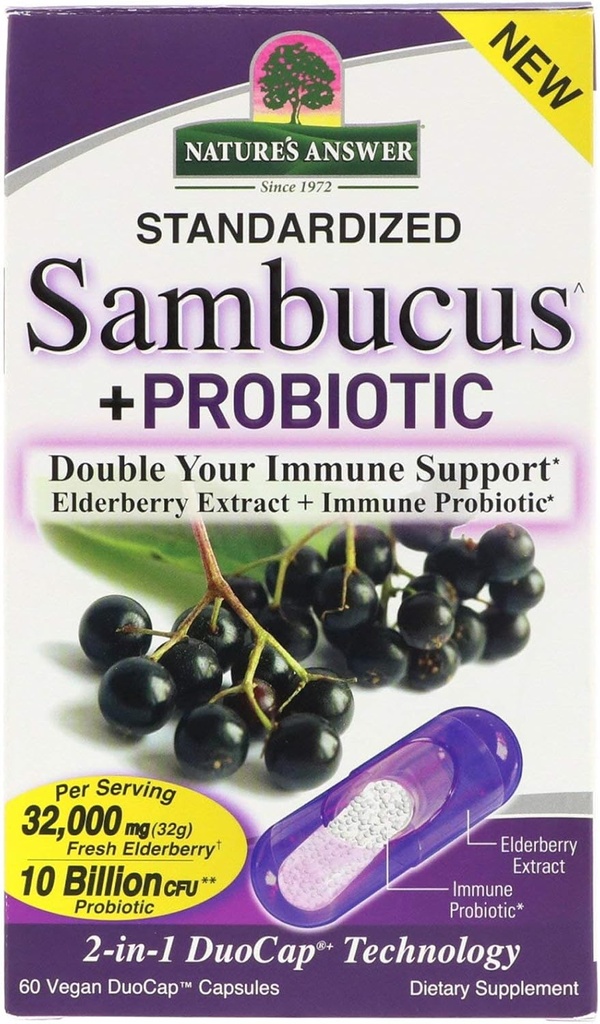 Odpowiedź natury Sambucus + Probiotyczne 124; Nowy 2- in-1 Podwójne Twoje wsparcie immunologiczne 124; 32,000mg Standaryzowane świeże Elderberry Duo Cap z 10 Miliard CFU Probiotyczne 124; Gluten- Free, Non-GMO 124; 60 Kapsułki wegańskie
