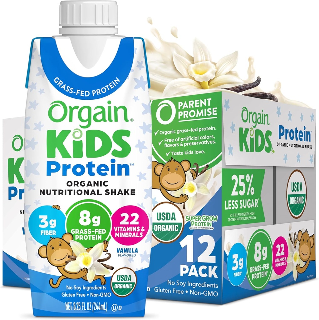 Orgain Organic Kids Nutritional Protein Shake, Vanilla, Healthy Kids Snacks, 8g Dairy Protein, 3g Fiber, 22 Vitamin & Minerals, No Soy składniki, Gluten Free, Non-GMO, 8.25 Fl Oz (Opakowanie 12)