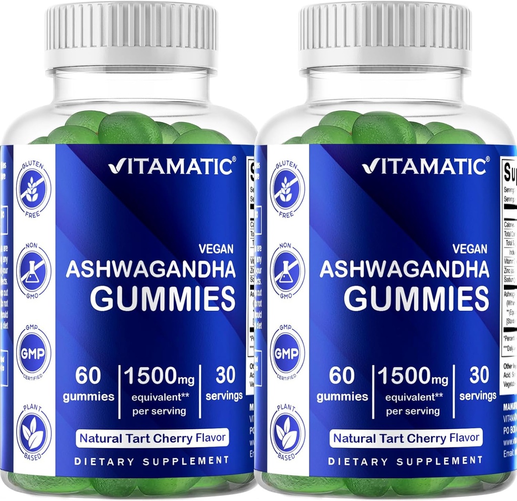 Vitamatic 2 Pack Aszwagandha Gummies 1500 mg ekwiwalent per serving (z 30: 1 Wyciąg 50 mg) - 60 Wegańskich Gummies - 3% Withanolides