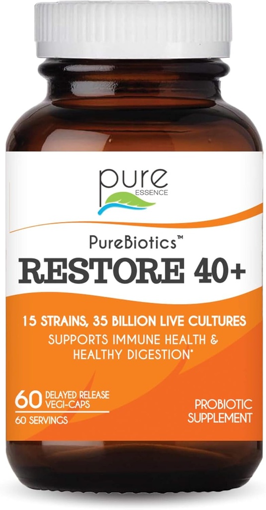 PURE ESENCE LABS PureBiotics Restore 40 + Suplement Probiotyczny - Wspiera immunologiczne i trawienne zdrowie - Dairy & Gluten Free - 15 Szczepów (35 Miliard CTU) Dorośli Naturalne Probiotyki (60 Czapki)