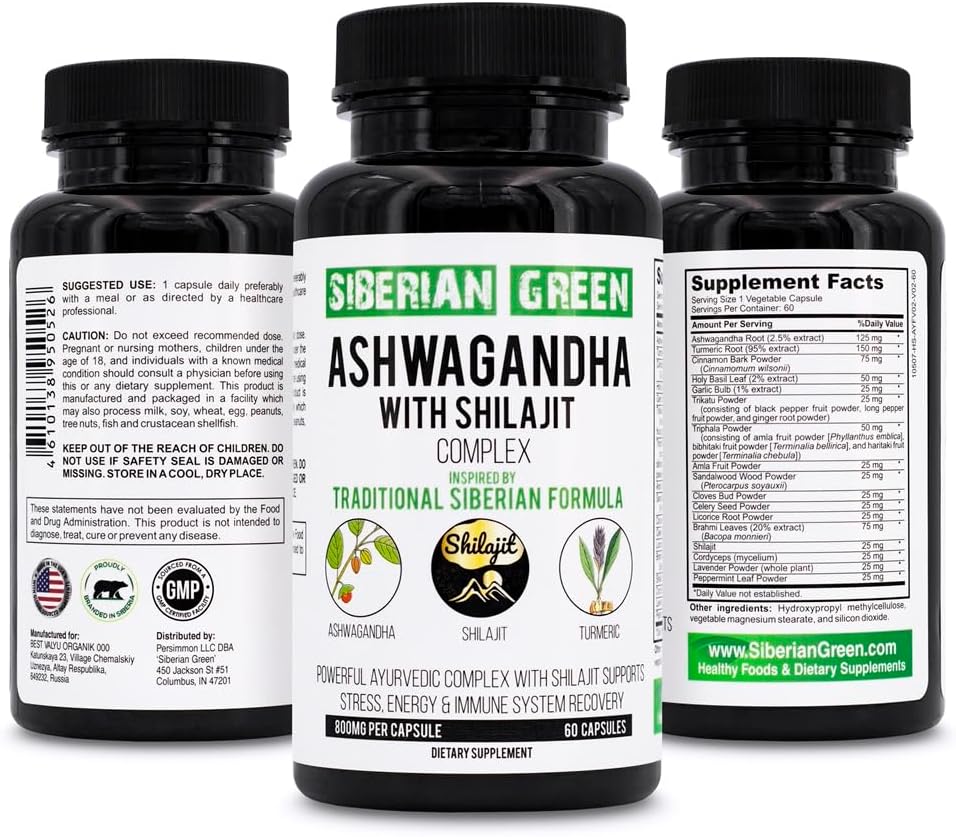 Syberyjski zielony Ashwagandha z Altai Shilajit & Turmeric Ayurvedic Complex 60 Kapsułki - Tradycyjny Syberyjski Formuła Stress Relief, Nastrój, Wsparcie energetyczne, Odzysk układu immunologicznego