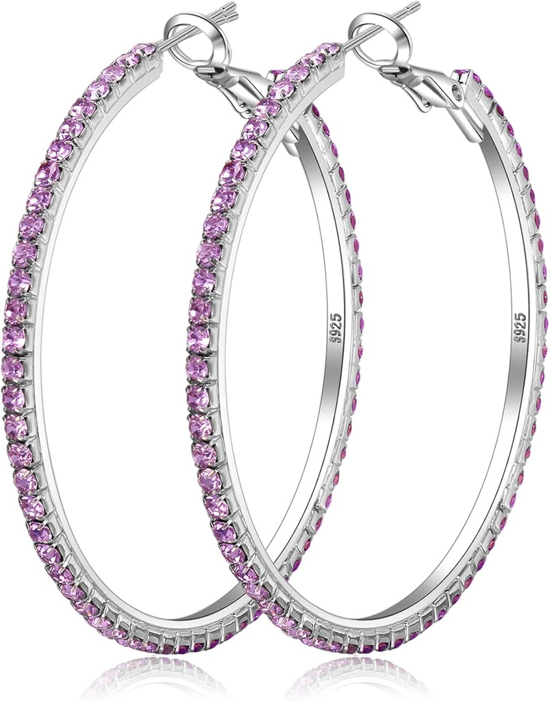 925 Kolczyki Sterling Srebrne Duże kolczyki Rhinestone Hoop Kolczyki duże sześcienne kolczyki Zirconia Hoop cienkie kolczyki Rhinestone okrągłe kolczyki dla kobiet 20 / 30 / 40 / 50 / 60 / 70mm Błyszczące obręcze z kryształy dla kobiet