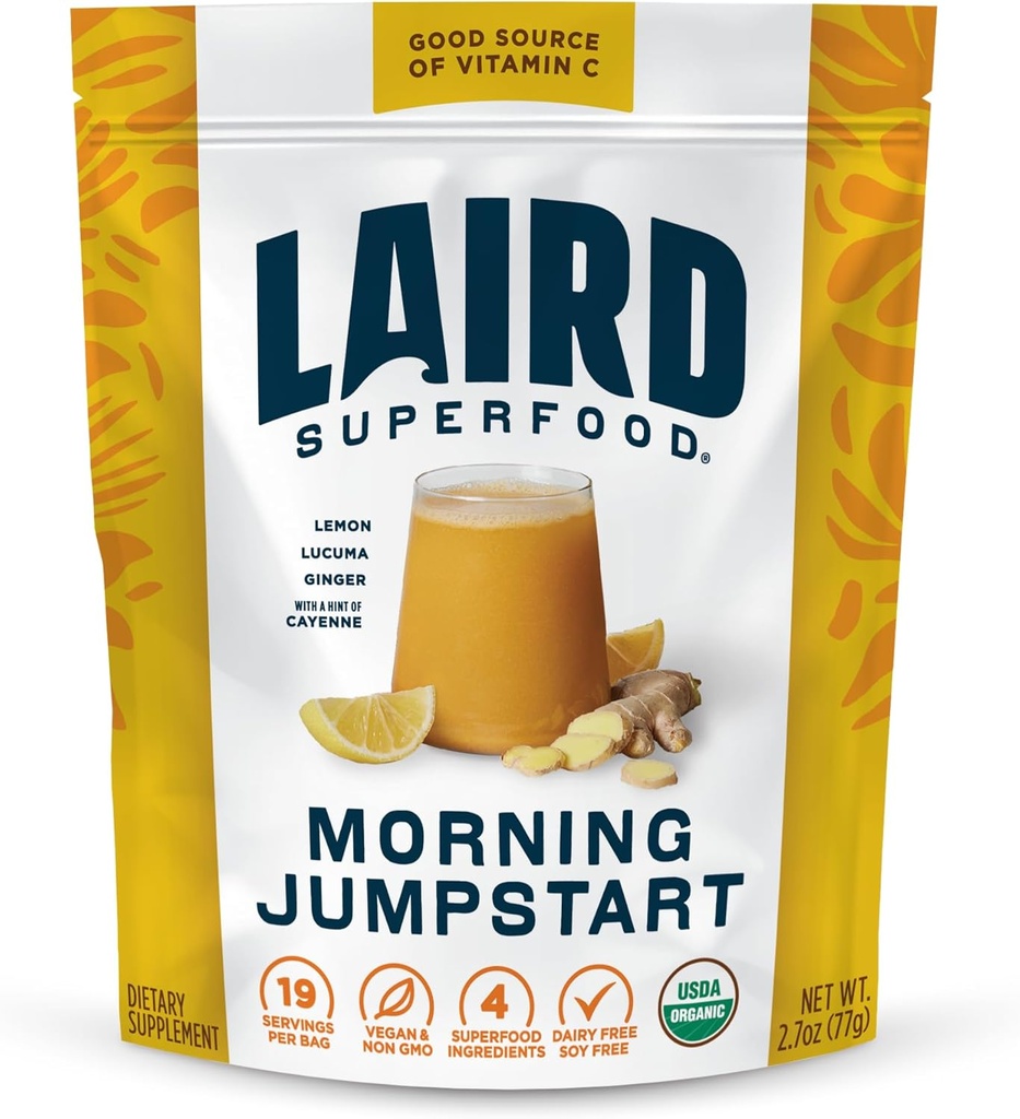 Laird Superfood Morning Jumpstart Proszek suplement do napojów, Lemon, Lucuma, Ginger i Cayenne Cleanse, Organic, 2.7 Oz Bag, Opakowanie z 1