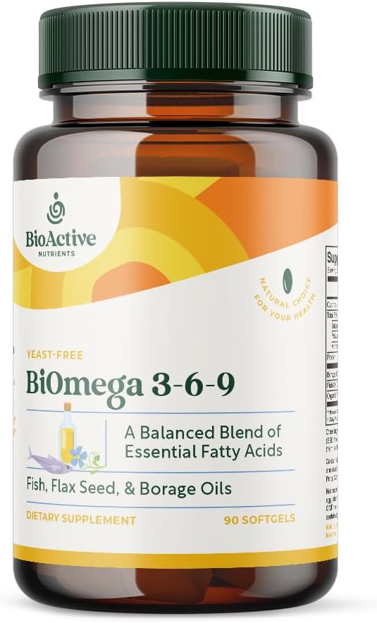 BIOACTIVE NUTRIENTS Biomega 3- 6- 9 Suplement Softgels for Women & Men - Omega 3 6 9 - Kompleks najlepszych ryb, oleju lnianego i suplementów oleju borage - 1200mg - 90 Softgels