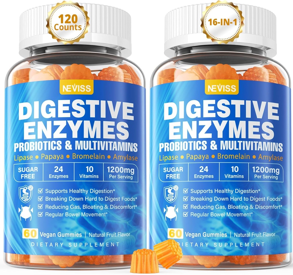 Digestive Enzymes with Probiotic Gummies, Multivitamins, Calcium, Magnesium - All 24 Essential Chewable Multi Enzymes - Papaya, Lipase, Amylase, Bromelain - Breaking Down Carbs, Proteins, Fats, 2Packs