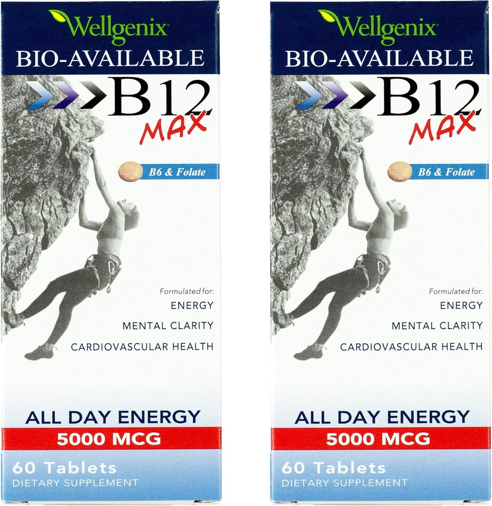 Wellgenix Bio-Available Podjęzykowy B12 Max - Przygotowany do wysokiej absorpcji - Żywotny Multivitamin B12, B6, Folate - Szybkie rozpuszczenie (60 Ct) 2 Pack