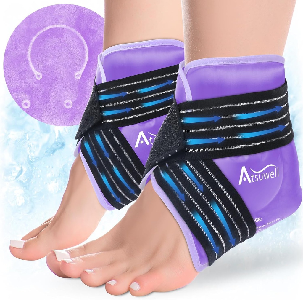 Atsuwell Ankle Ice Pack Wrap 2 opakowania, Ankle Ice Wraps Elastyczny żel Zimny Pack do stóp, Cold Compress Therapy for Soothing Discomfort, Purpurowy
