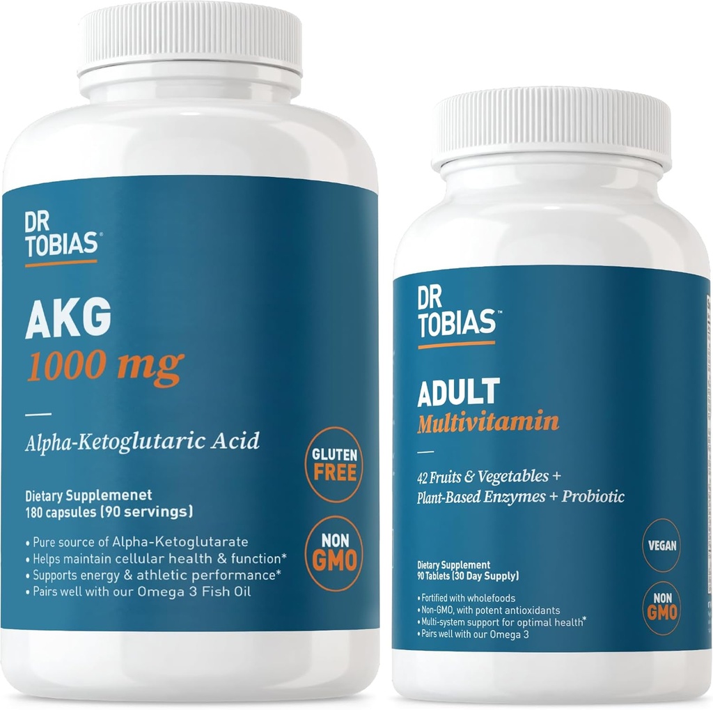 Dr Tobias AKG Supplement & Adult Multivitamin - Kompleksowa energia komórkowa i odżywcze wsparcie dla ogólnego Wellness i witalności, Wegan, Non-GMO