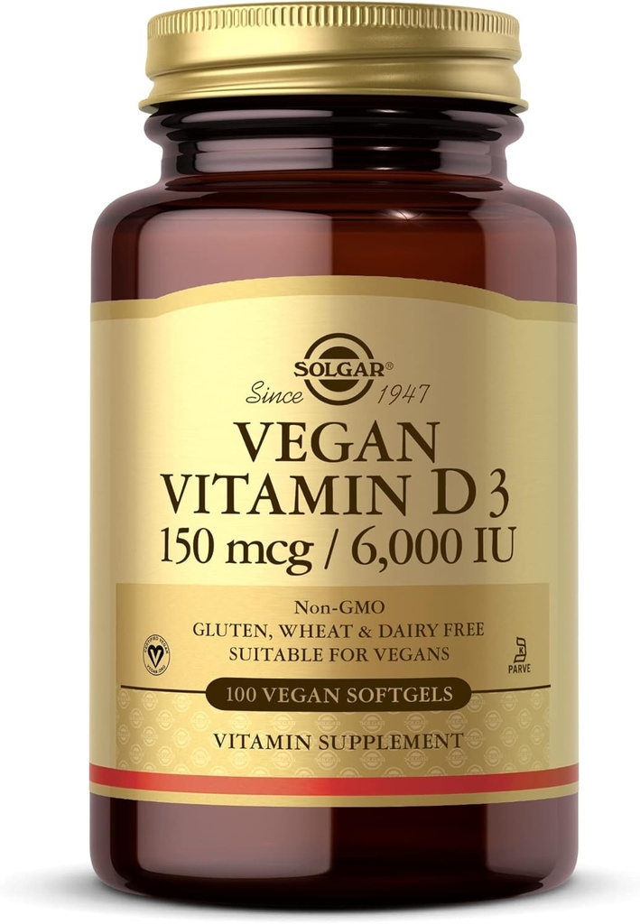 Solgar Vegan Witamina D3 (Cholecalciferol) 150 μg (6000 j.m.) - 100 Softgels - Wsparcie immunologiczne, Pomaga utrzymać zdrowe kości i zęby - Non-GMO, Certified Vegan, Gluten & Dairy Free - 100 Sługi