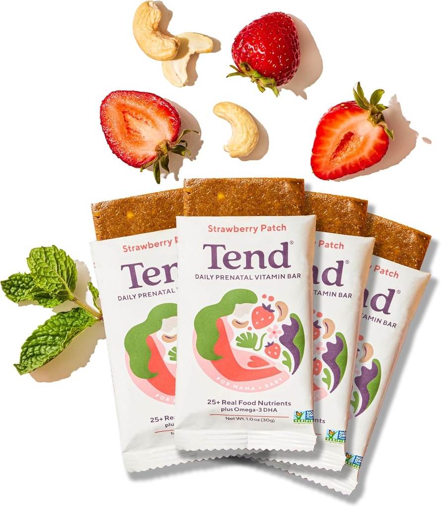 Tend Daily Best Prenatal Witamina Bar, Made with Organic Składniki dla ciężarnych i poporodowych matek, Zawiera DHA, Witamina D, B, Cholina, Folate - Strawberry Patch (4ct)