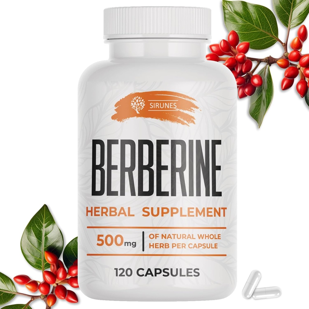 SIRUNES Berberine Supplement - Berberine HCL Dietary Supplement for Men and Women - Non GMO Berberine 500mg - Idealny do immunologicznego wsparcia, Serce, Cholesterol Poziomy 120 Kapsułki