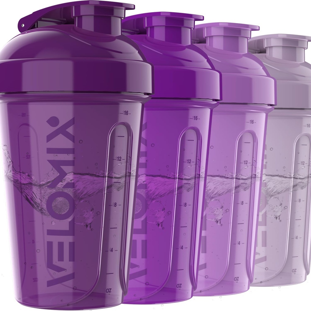 VELOMIX - 4 opakowania - 20 butelek shakera białkowego OZ do mieszania protein, shaker cups do shake 'ów protein, Small Shaker Bottle Pack, Shaker Cup, Shaker for protein Shakes (Fioletowy Bloom)