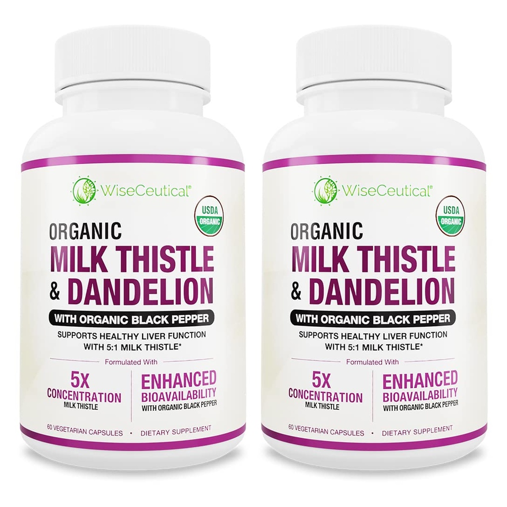 Max Absorpcja USDA Organic Milk Thistle Potent 5: 1 Concentrated Extract (2000mg Strength) & Organic Dandelion Root Aboot 124; Silimarin Antioksydant Flavonoid 124; Licznik (Pack of 2)