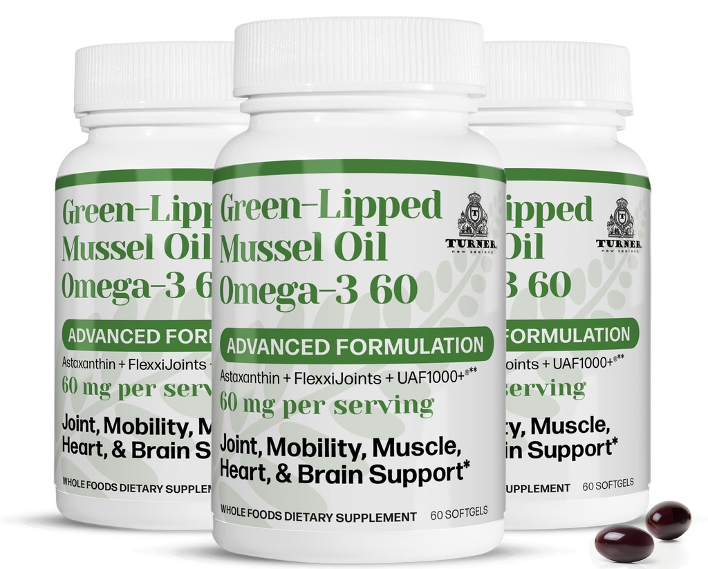 TURNER Nowa Zelandia Zielony Lipped Omega-3 Olej muszli, 53x Wyższa Moc z UAF1000 + Super Przeciwutleniacz. No Fishy Aftersmast, 3 butelki, 180 Softgels