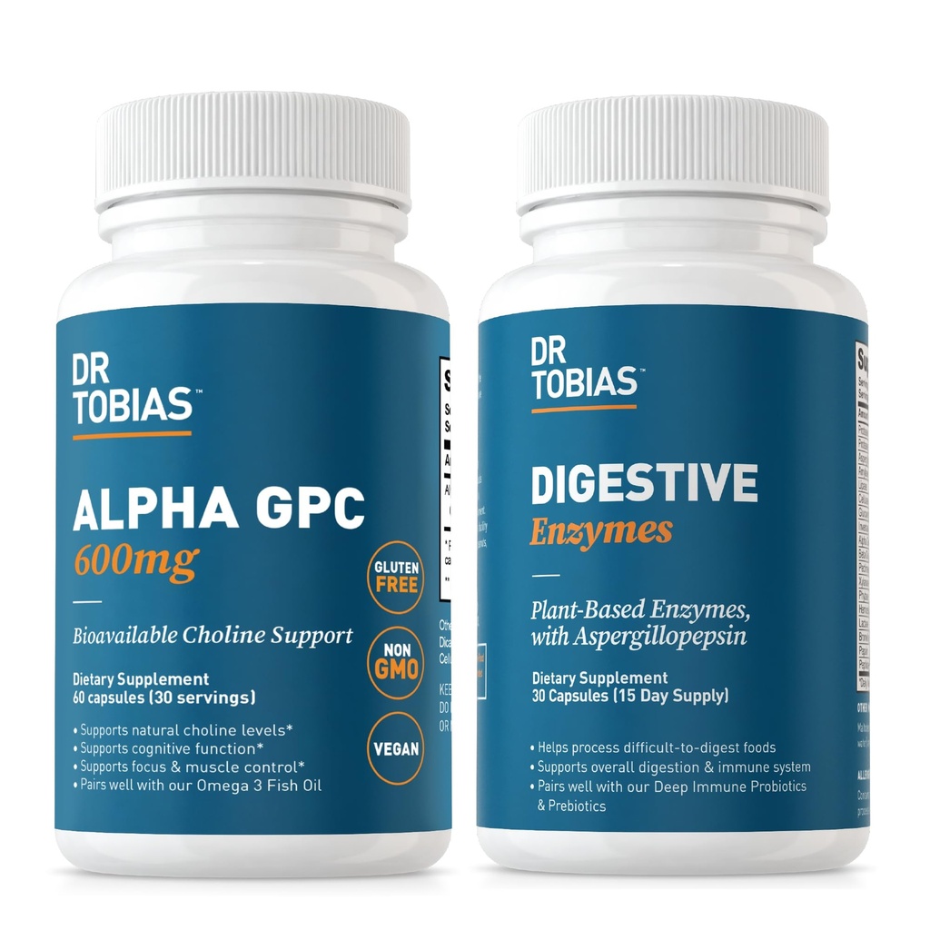 Dr Tobias Alpha GPC & Digestive Enzymes - Wsparcie funkcji kognitywnych & Codzienne Gut Health z Bioavailable Choline Supplement & Premium Enzymy dla trawienia, Non-GMO