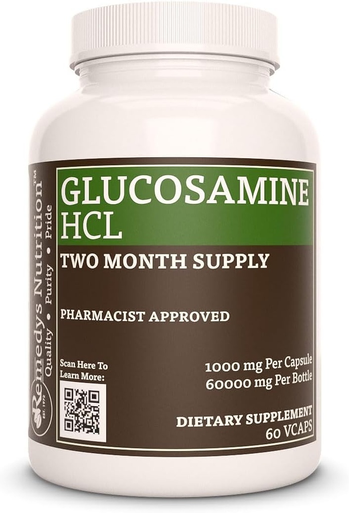 Remedy 's Nutrition Glukozamina HCL 124; 1000 mg, 60 Vegan kapsułki Suplement diety 124; Dwa miesiące dostaw