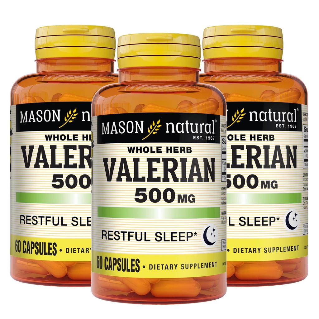 MASON NATURAL Valerian Root 500 mg, 6 miesięcy dostaw, Natural Seep Aid, Promotes Healthy & Restful Sleep, Suplement ziołowy, 3 Pack