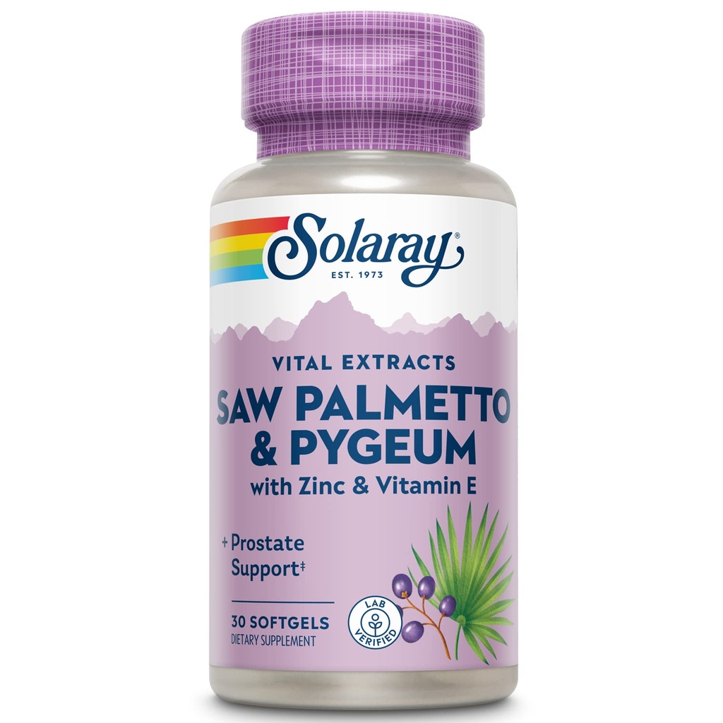 SOLARAY Saw Palmetto i Pygeum - Saw Palmetto dla mężczyzn w / Pygeum Bark, Cynk, Witamina E, Olej z nasion dyni - Prostate Supplements for Men w / Beta Sitosterol - 60-dniowa gwarancja - 30 Służenie, 30 Softgels