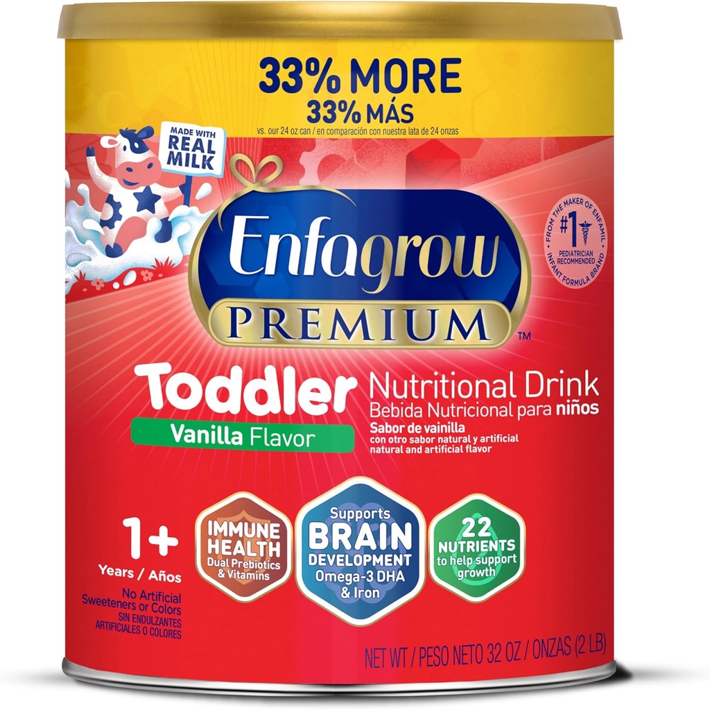 Enfagrow Premium Toddler Nutritional Drink, Natural Vanilla Flavor, Omega-3 DHA for Brain Support, Prebiotics & Vitamins for Immune Health, Non-GMO, Powder Can, 32 Oz (Pack of 1