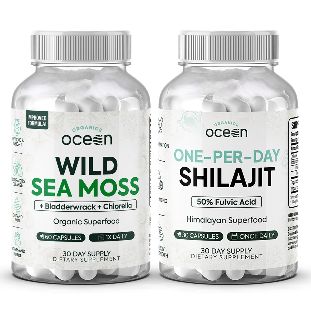 Kapsułki Ocean Wild Sea Moss i jeden dzień Shilajit dla mężczyzn i kobiet - 100% Irish Sea Moss i Pure Shilajit kapsułki - Wsparcie dla tarczycy dla kobiet i mężczyzn