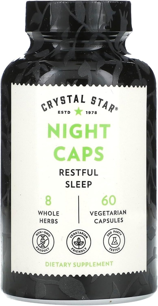 Crystal Star Night Caps Natural Sleep Aid Supplement (60 Kapsułek) - Herbal Non-Habit Forming - Valerian Root, Kava & Kwiat Pasji - Non-GMO