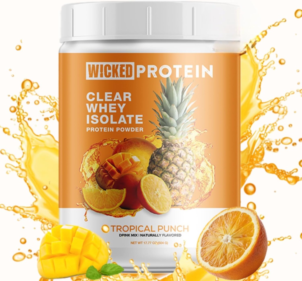 Wicked Protein Powder, Clear Whey Isolate, 23 g Protein, 95 Calories, Sok odświeżający, Clean Label Project Certified, Gluten Free, Post Workout Recovery, Protein for Women and Men (Tropical Punch)