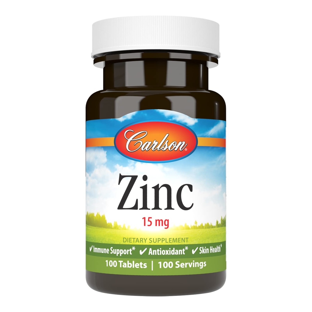 Carlson - Cynk, 15 mg, Suplement cynku, Glukonian cynku, Wsparcie immunologiczne i Zdrowie skóry, Tabletki cynku, Przeciwutleniacz, Kapsułki cynku, 100 Tabletki