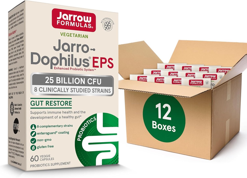 Jarrow Figures Jarro- Dophilus EPS Probiotyki 25 Miliard CFU for Intestinal Tract Support, Gut Health Probiotyki Suplementy dla kobiet i mężczyzn, 60 Kapsułki wegetariańskie, Do 60 Day Supply, 12 Opakowania