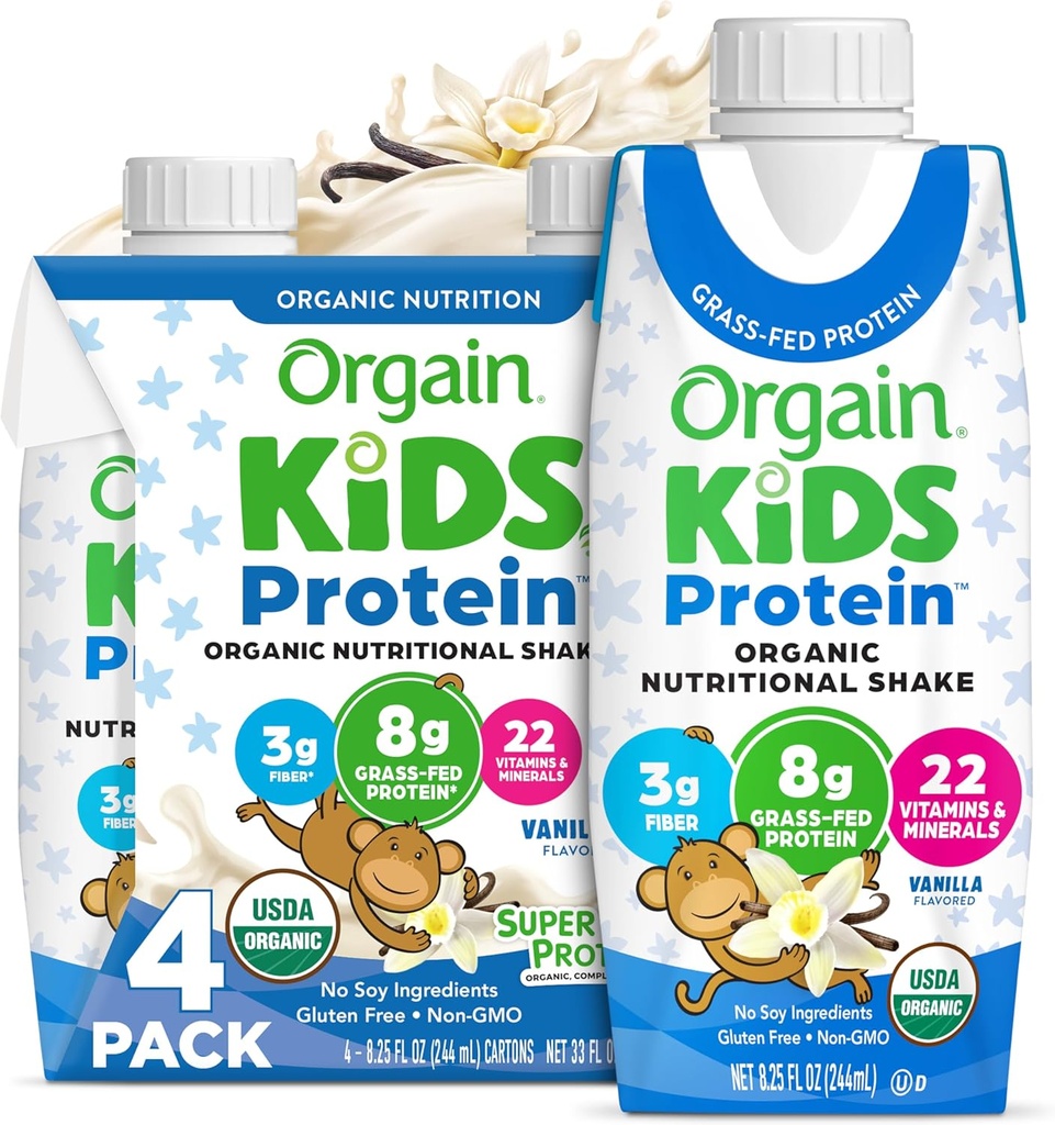 Orgain Organic Kids Protein Nutritional Shake, Wanilia - 8g białka, 22 witaminy i minerały, owoce i warzywa, Gluten Free, Soy Free, Non-GMO, 8.25 Fl Oz (Opakowanie 4)