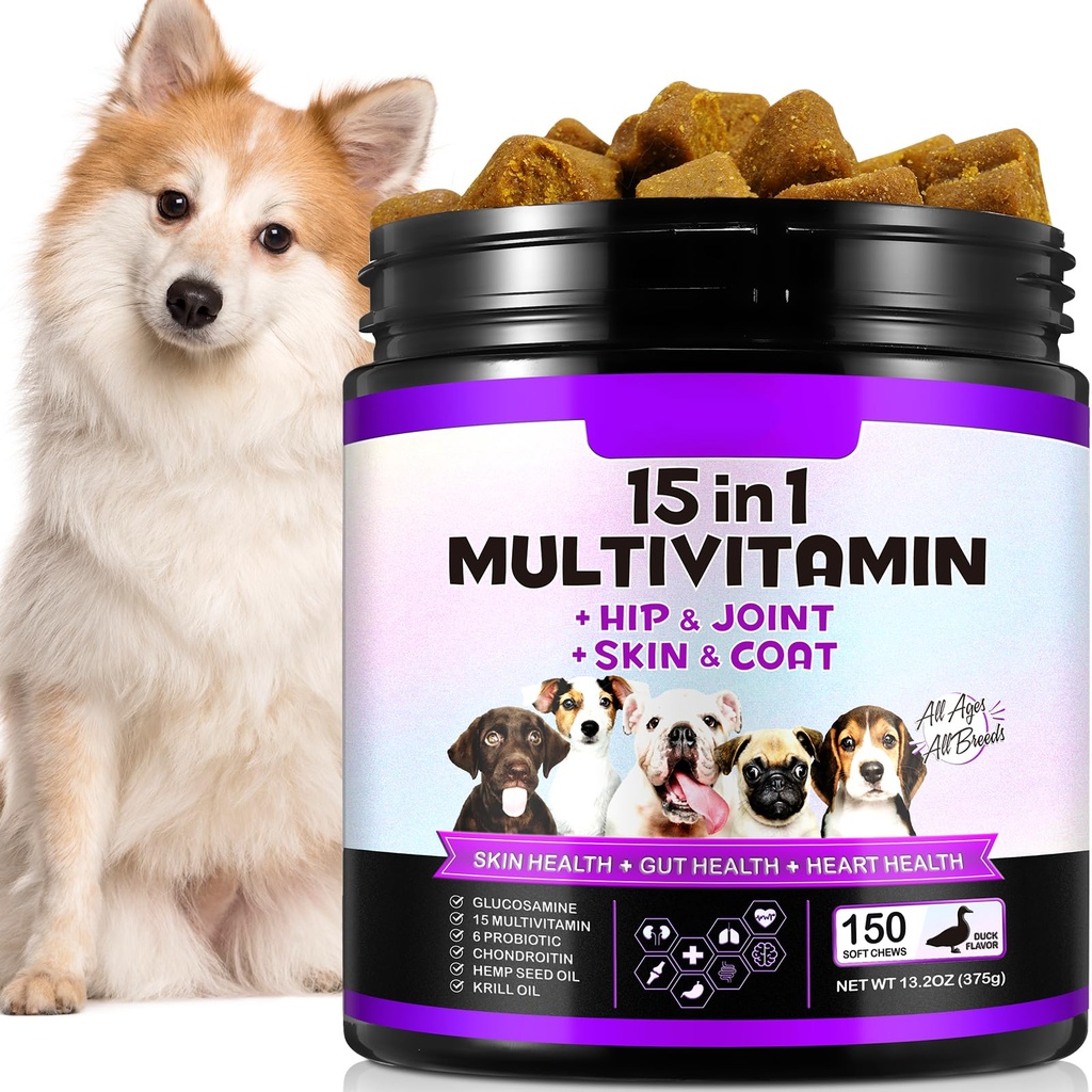 15- in-1 Dog Multivitamin Suplementy z glukozaminy i probiotyki Natural Daily Vitamin Chews for Dogs, Pet Health Support- Skin- Immunity- Gut Digestion- Joint- Heart, 150 Pcs- Duck Flavor