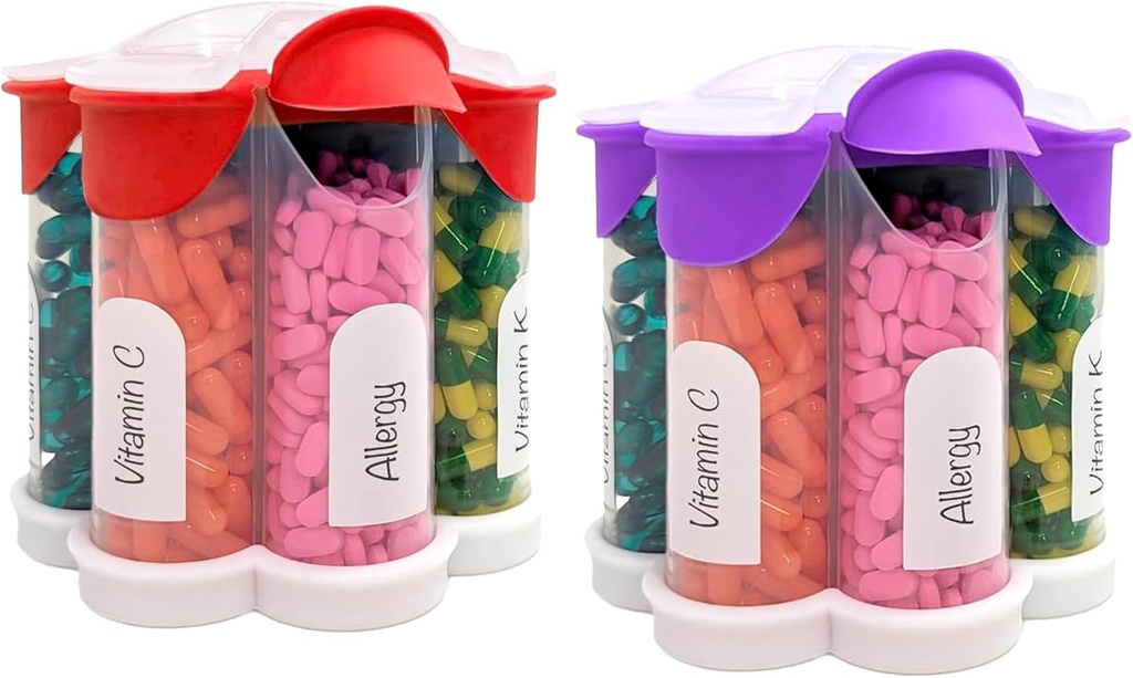 Codzienne, Cotygodniowe, Monthly Supplement Bottle, Cute Blossom Pill Dispenser z 7 Komory XL (2 Pack Combo) (Purpurowy i czerwony)