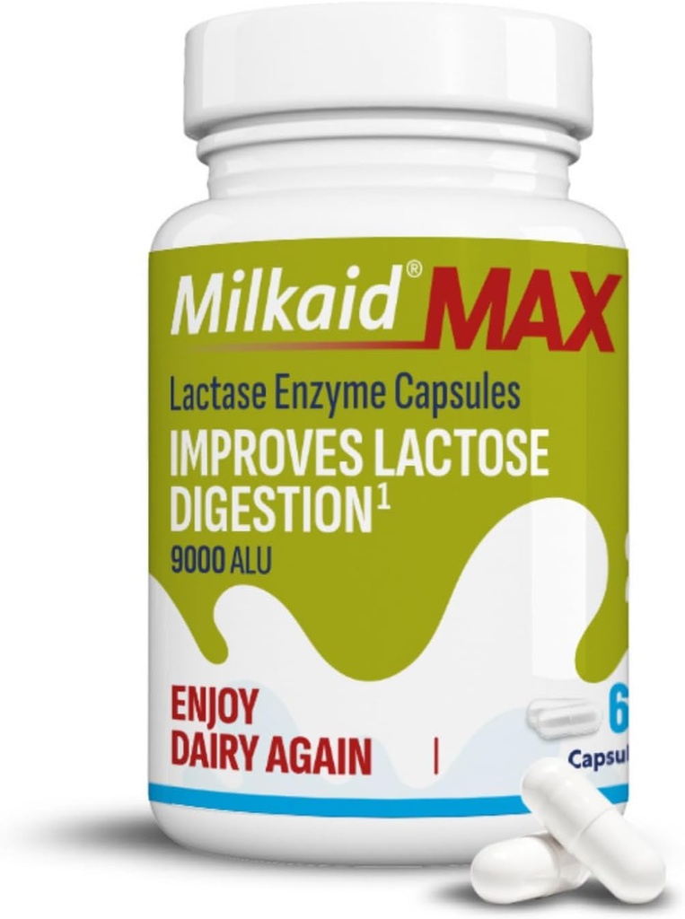 Milkaid Max kapsułki dla Laktoza Nietolerancja Relief z Lactase Enzyme, Suplement diety w celu zapobiegania gazu, Bloating & Biegunka Ze względu na wrażliwość Laktoza 124; 9000 ALU (60 Kapsułki, bez smaku)