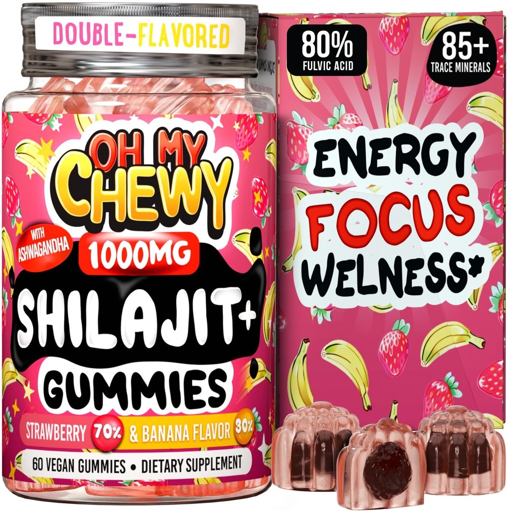 Pure Himalayan Shilajit Gummies - Wysoka potencja Gold Grade Resin - Energy Boost and Immune Support for Men and Women with Ashwagandha and Shatavari - 60 Gummy - Strawberry & Banana