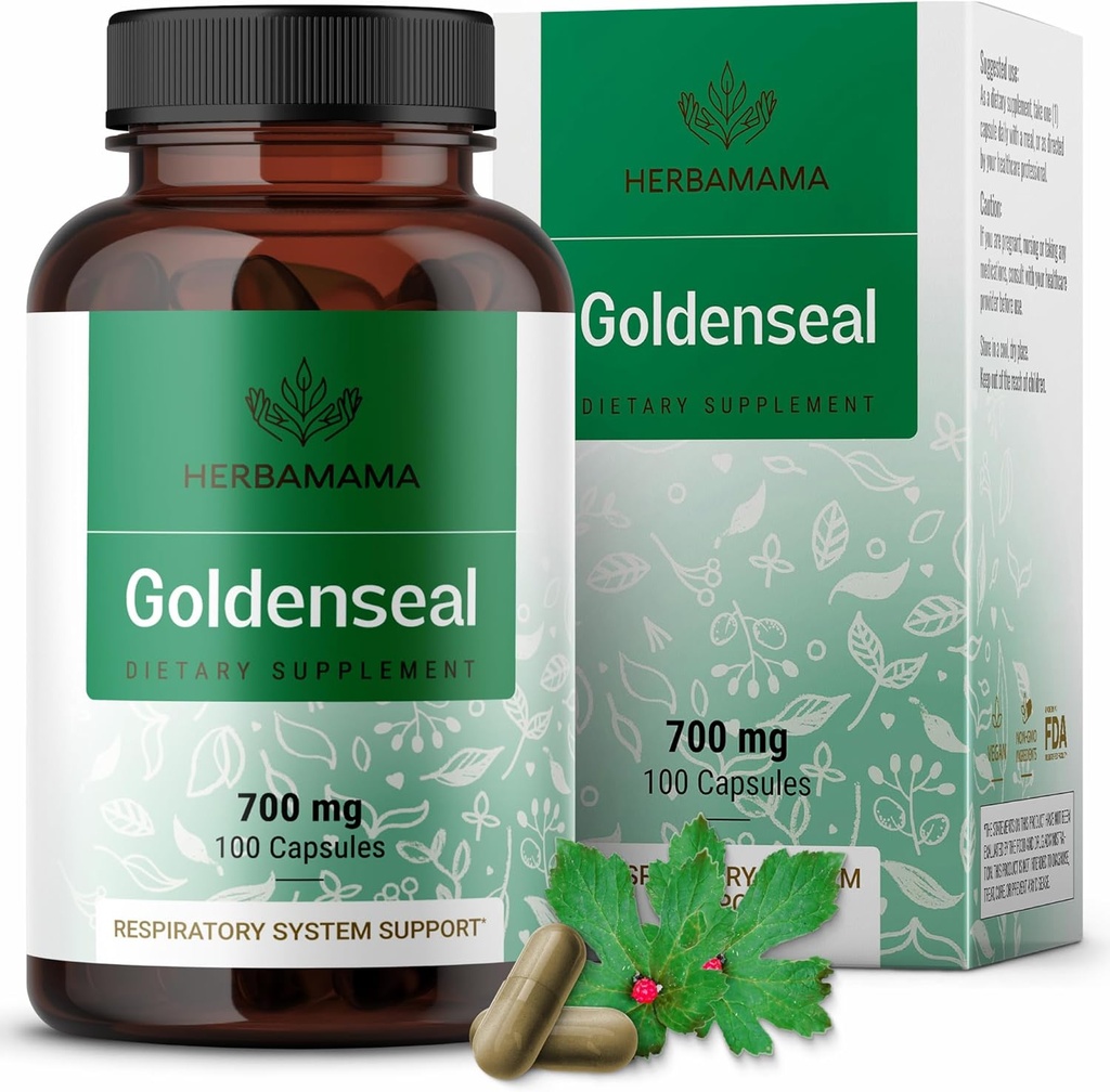 HERBAMAMA Goldenseal Korzeń kapsułki 700mg - Układ oddechowy i wsparcie immunologiczne z Goldenseal proszku Suplement - Wegan, Non-GMO