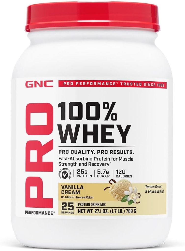 GNC Pro Performance 100% Whey Protein Powder 2.0, Fast Absorbing for Muscle Strength and Recovery, Vanilla, 25 Servings