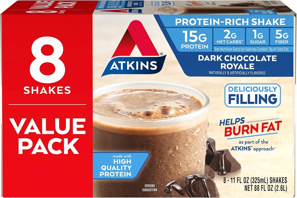 Atkins Gluten Free Protein- bogaty shake, Dark Chocolate Royale, Keto- Friendly, 8 Count (Pack of 1)