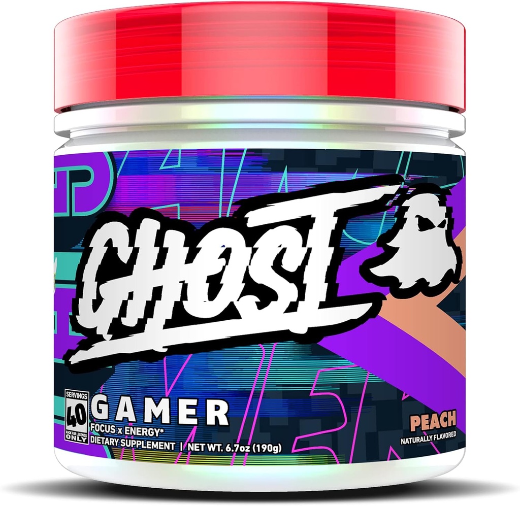 GHOST Gamer: Energy and Focus Support Formuła - 40 Służenia, Brzoskwinia - Nootropiki i naturalna kofeina na uwagę, Dokładność i czas reakcji - Wegan, Gluten- Free