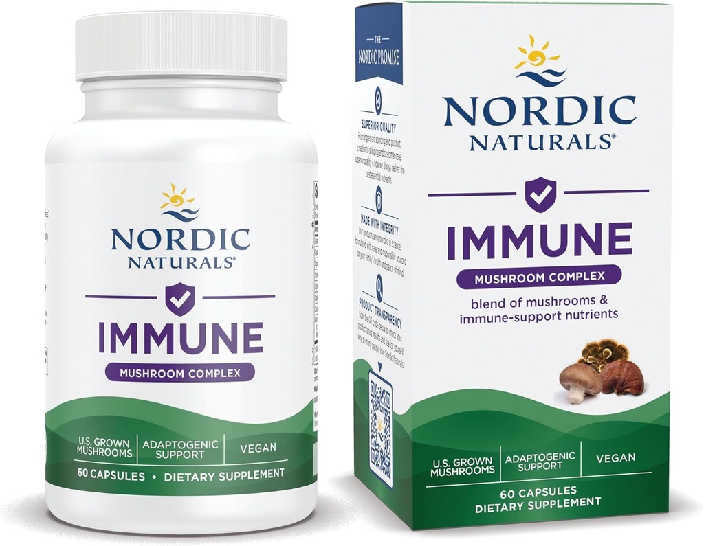 Nordic Naturals Immune Mushroom Complex, Unflavored - 60 Kapsułki - Wsparcie adaptacyjne - Multi- Mushroom Blend - Optimal Wellness - Non-GMO - Certified Vegan - 30 Służenia