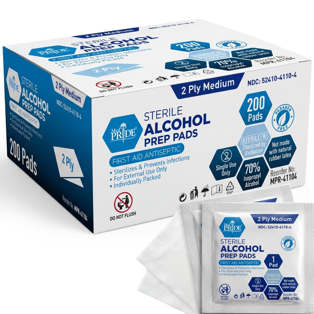 MED PRIDE Sterylny alkohol Prep Pads, Antyseptyczne, 70% Izopropyl, Indywidualnie zapakowane, Medyczny stopień 2 Ply Wipes (200 Count (Pack of 1) White)