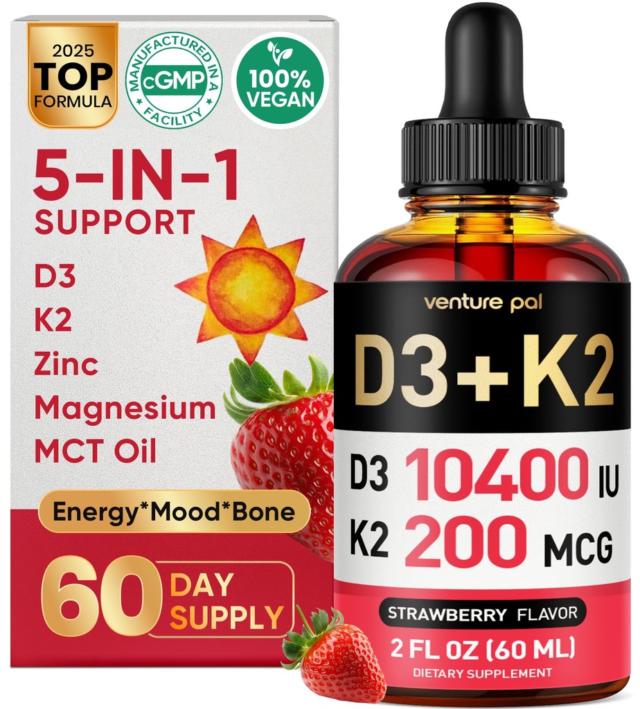 Venture Pal 5- in-1 Witamina D3 10000 j. m. & K2 jako MK- 7 200mcg z Magnezem, MCT Oil, Cynk, Witamina D bez cukru Płyn 124; Maksymalna absorpcja dla kości, nastrojów i zdrowia immunologicznego - 2 FL OZ, 67 dni