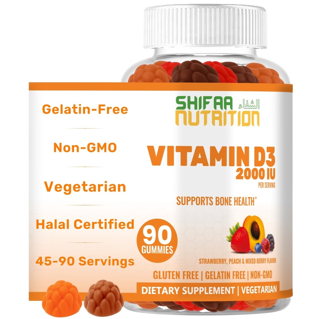 SHIFAA NUTRITION Wegetariańska witamina D3 Gumiaki dla dorosłych i dzieci 124; 45- 90 Służenie, 2000 j. m. / 1000 j. m. 124; Non-GMO, Gluten- Free, Żelatin- Free 124; Wspiera kości, mięśnie i system immunologiczny Halal witaminy