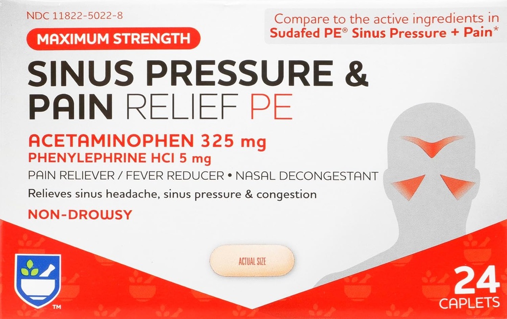 Rite Aid Sinus Pressure and Pain Reliever PE, Non-Drowsy - 24 Tablets Evidence 124; Sinus Relief Evidence 124; Pain Relief Evidence 124; Nasal Decongestant Evident 124; Cold Medicine for Available Evidence 124; Allergy Medication Evidence 124; Allergy Relief Evidence 124; Mucus Relief