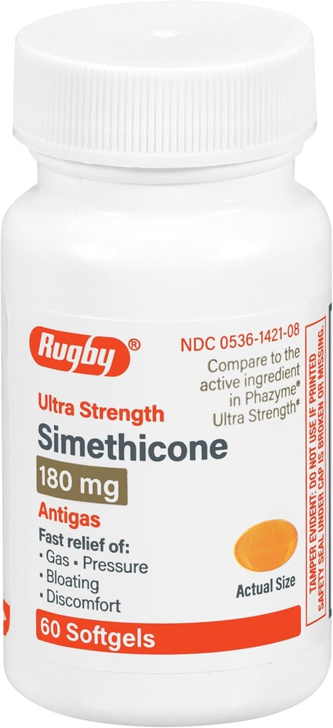 Rugby Ultra Simeticone Gas Relief 180 mg - Maksymalna ulga gazowa dla dorosłych - Może pomóc w objawach płaskości, wzdęcia, pełni gazu - 60 Softgels (1 Pack)