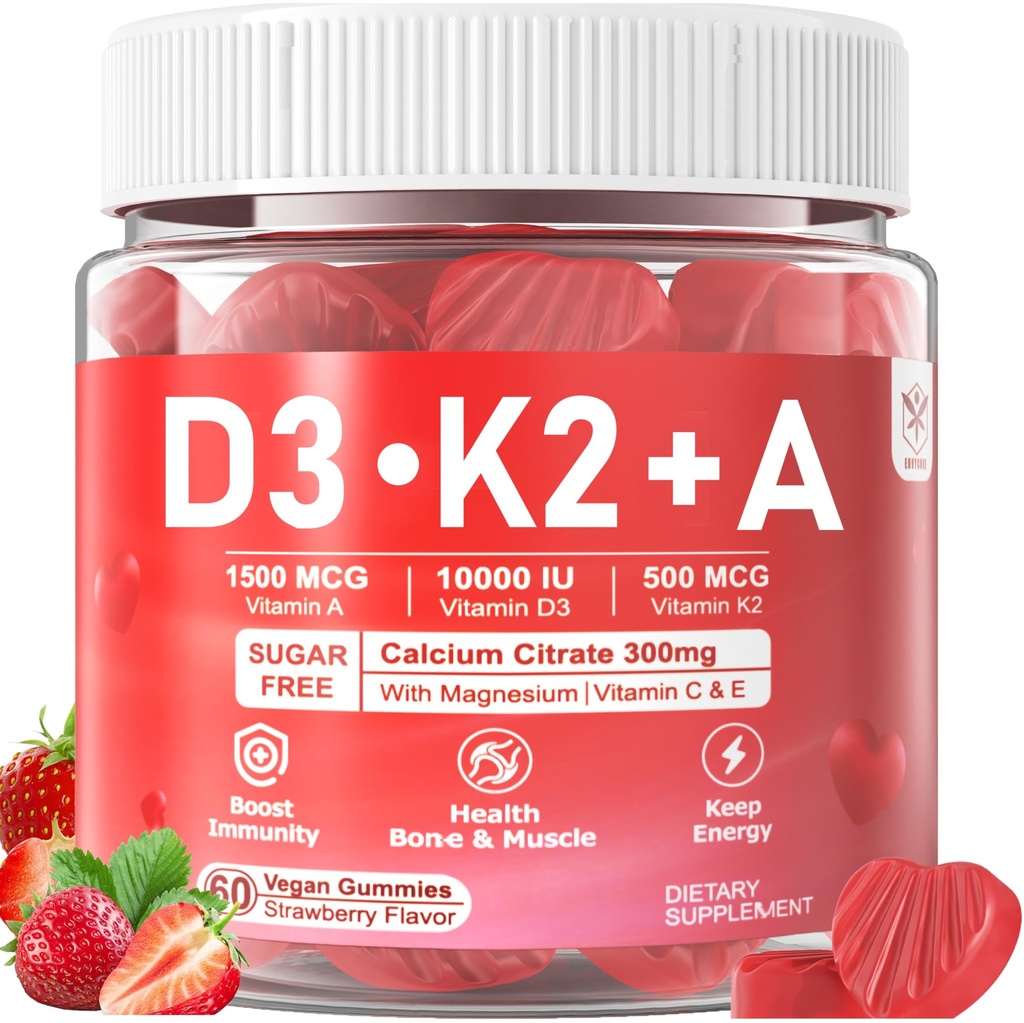 Witamina D3 10000iu + K2 MK7 + Gumiaki z cynkiem wapnia Magnezu dla kobiet i mężczyzn, Wysoka moc ADK Suplement witaminy wspomaga zdrowy system immunologiczny, Bone and Vision Function, Bez cukru 120 Cts