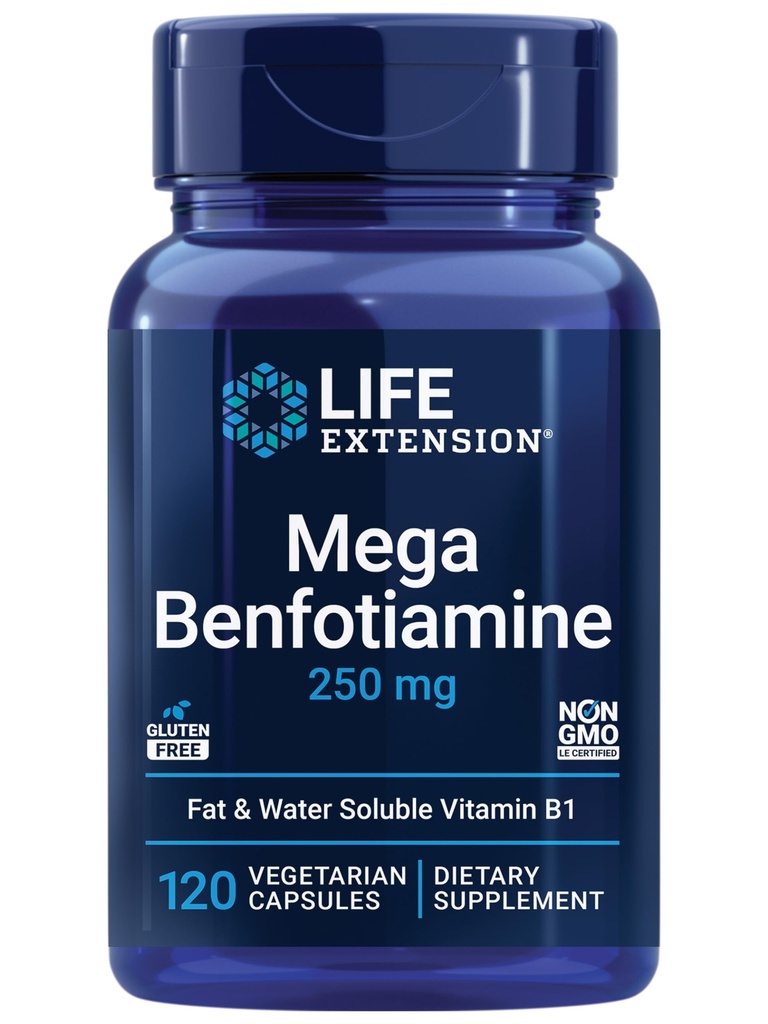 Przedłużenie życia Mega Benfotiamina, 250 mg, Rozpuszczalna postać tłuszczowa tiaminy, Zdrowy Metabolizm, Ultrabiodostępna witamina B1, wysoki potencjał, Gluten- Free, Non-GMO, Wegetarianin, 120 Kapsułki